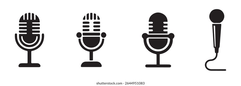Studio Microphone Cut File Retro Microphone Radio Station Gravação de Música Radio Rec. Ícones de microfone definidos. ícone de microfone variante. Microfone de Karaokê. Microfones de podcast. 