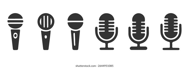 Studio Microphone Cut File Retro Microphone Radio Station Gravação de Música Radio Rec. Ícones de microfone definidos. ícone de microfone variante. Microfone de Karaokê. Microfones de podcast. 