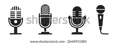 Studio Microphone Cut File Retro Microphone Radio Station Music Recording Radio Rec. Microphone Icons set. variant microphone icon. Karaoke mic. Podcast microphones. 