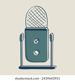 Studio Microphone Desktop for podcasts, streaming. Mick with stand, mount. Equipment for dubbing, voice recording, technology. Doodle style. Drawn isolated. Color outline image. Vector illustration.