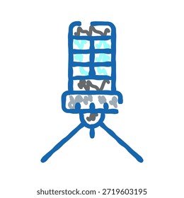 Icono de doodle de micrófono de estudio que indica grabación de audio, transmisión y podcasting con ondas de sonido en el interior, dibujado en un estilo de boceto simple sobre un fondo blanco