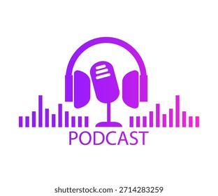 Micrófono de estudio con auriculares y onda de audio. Podcast. Grabación de audio por webcast. Concepto webinar, programa de radio o blog de audio, formación en línea.
