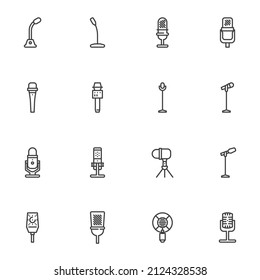Conjunto de iconos de línea de micrófono de estudio, colección de símbolos vectoriales de contorno de sonido de micrófono, paquete de pictogramas de estilo lineal. Señales, ilustración del logotipo. El conjunto incluye iconos como micrófono de grabación de audio, grabación de voz