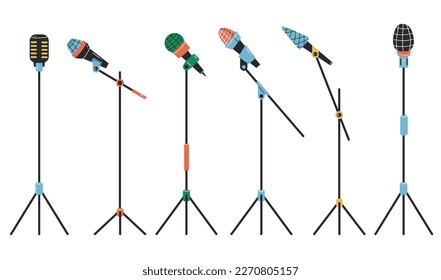 Studio microphone mic stand stick stage isolated set. Vector graphic design element illustration