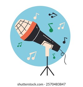 Studio microphone mic stand stick stage isolated set. Vector graphic design element illustration