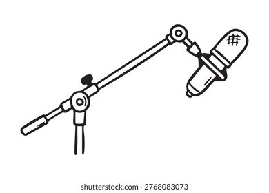 Studio microphone on adjustable boom arm ready for podcast or voiceover recording, professional condenser mic with shock mount and cable, broadcast setup vibe, audio production and content creation
