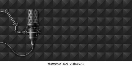 Studio microphone on dark rhombic background. Audio device on special stand is ready for recording broadcasts and musical vector compositions.