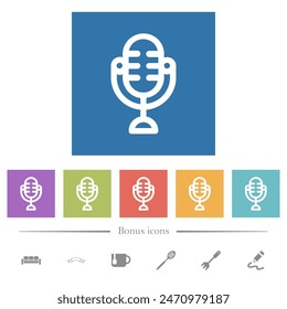 Studio microphone outline flat white icons in square backgrounds. 6 bonus icons included.