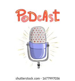 Studio microphone with podcast broadcast, flat cartoon style, media hosting doodle drawing. Sound recording device. Vector for design t-shirts typography cards and posters.