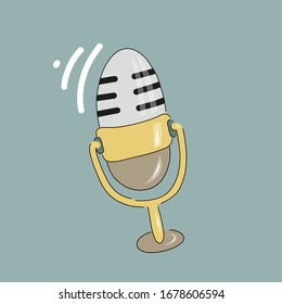 Studio microphone with podcast broadcast, flat cartoon style, media hosting doodle drawing. Sound recording device. Vector for design t-shirts typography cards and posters.