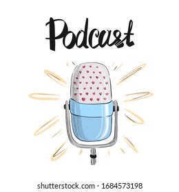 Micrófono de estudio con difusión de podcast, estilo de caricatura plana, dibujo de doodle para alojamiento de medios. Dispositivo de grabación de sonido. Vector 