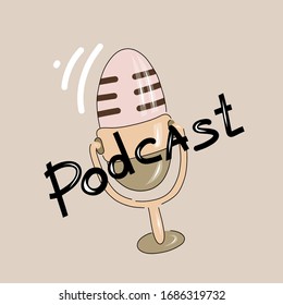 Studio microphone with podcast broadcast, flat cartoon style, media hosting doodle drawing. Sound recording device. Vector for design t-shirts typography cards and posters.