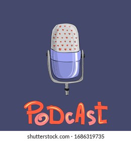Studio microphone with podcast broadcast, flat cartoon style, media hosting doodle drawing. Sound recording device. Vector for design t-shirts typography cards and posters.