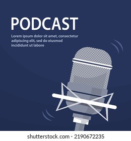 Studio microphone. Recording studio audio, radio, podcast. Equipment for singing and speaking. Pop culture, and entertainment. Flat vector illustration poster