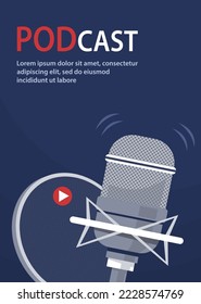 Studio microphone. Recording studio audio, radio, podcast. Equipment for singing, speaking, record. Pop culture and entertainment. Design poster, banner website. Flat vector illustration