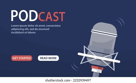 Studio microphone. Recording studio audio, radio, podcast. Equipment for and speaking. Pop culture, and entertainment. Design template for web banner, website. Vector illustration on blue background