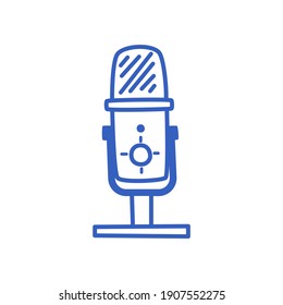 Studio microphone for recording sound in a hand-drawn style. Vector outline icon isolated on a white background.