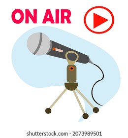 micrófono de estudio para grabar sonido y slogan en rojo en el AIR. grabación de podcast, botón PLAY. Podcasting, transmisión o escucha de entrevistas. Ilustración de material vectorial para logotipo, diseño de icono