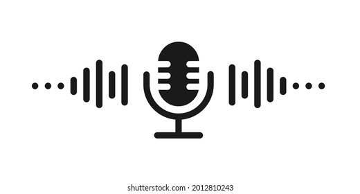 Studio Microphone simple icon. Black podcast radio sign, broadcast symbol. Retro microphone with sound waves vector illustration isolated on white background.
