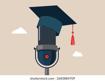 Microfone de estúdio para streaming e jogos em formatura acadêmica mortarboard hat. Transmissão de programas de rádio ou TV. Ilustração de vetor plano