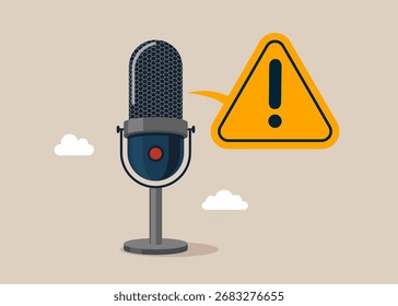Micrófono de estudio para streaming y juegos con signo de exclamación y atención. Escucha personal de podcasts. Investigue el incidente. Ilustración vectorial plana