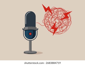 Micrófono de estudio para streaming y juegos. Hablar en el escenario, asustar para dar discurso. Conferencia de prensa en línea, entrevistas, últimas noticias. Ilustración vectorial plana.