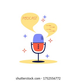 Studio microphone table broadcast podcast. Media, radio hosting doodle drawing. Podcaster, broadcaster working space, microphone, cartoon character. Flat vector illustration, isolated object.