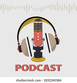Studio microphone table broadcast podcast. Vector illustration.