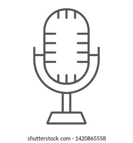 Studio microphone thin line icon, music and audio, retro mic sign, vector graphics, a linear pattern on a white background, eps 10.