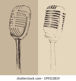 studio microphone vintage illustration, engraved retro style, hand drawn, sketch