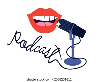 Studio microphone,lips and lettering podcast vector.