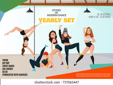 Studio of modern dance types advertising poster with girls in various positions on light background vector illustration 