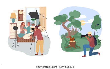 Studio or outdoor photographer people vector illustration. Cartoon flat woman character with camera make couple photo in studio interior, man take animal picture in summer forest set isolated on white