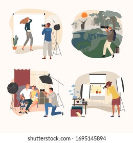 Studio or outdoor photographer vector illustration. Cartoon flat adult people with camera make photo, man woman character take angle. Studio outdoor commercial photography set isolated on white