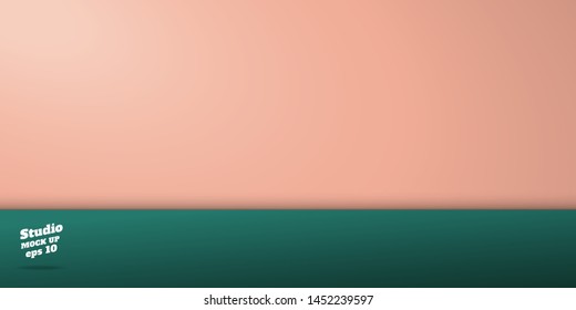 studio pastel peach and dark green table background.Two tone color wall and floor room perspective backdrop ,3d Vector template mock up for display stage of product.luxury bg for holiday festive