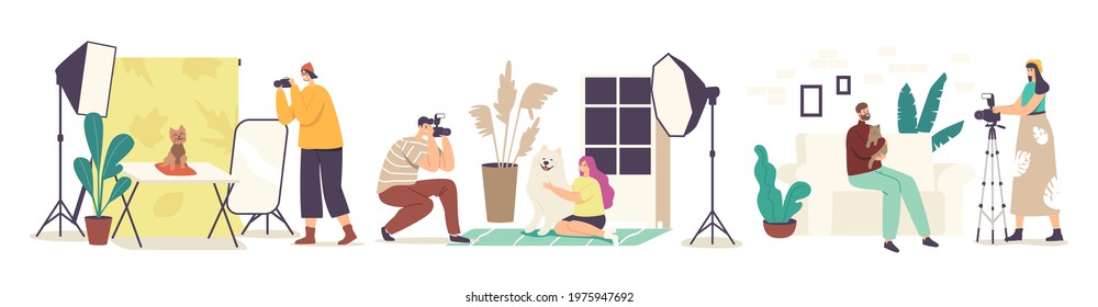Studio Photo Session, Domestic Animals Photography. Photographer Characters Make Photos of Dogs and Cats with Professional Light Equipment. People with Camera Shoot Pets. Cartoon Vector Illustration