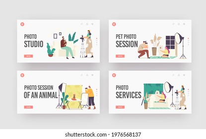 Studio Photo Session, Domestic Animals Photography Landing Page Template Set. Photographer Characters Make Photos of Dogs and Cats with Professional Light Equipment. Cartoon People Vector Illustration