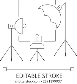 Studio photo shoot editable stroke icon. Camera Photo session workroom, flat line icon for Studio, photography and photo vector stock illustration