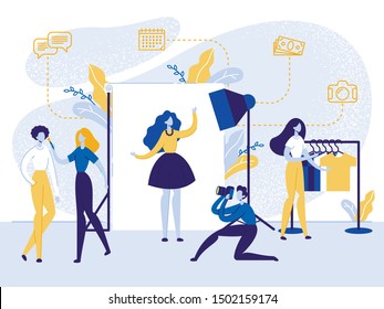 Studio Photo Shoot with Model Posing on Backstage with Light and Professional Equipment. Photographer with Camera Take Shots of Girl for Glamour Magazine Advertising. Cartoon Flat Vector Illustration