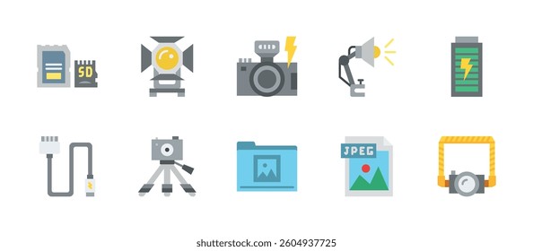 studio photography camera icons. flat color style icon set
