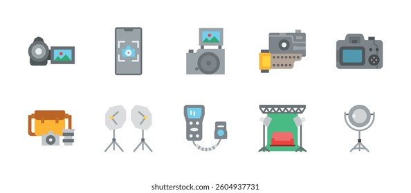 studio photography camera icons. flat color style icon set