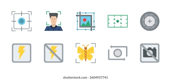 studio photography camera icons. flat color style icon set