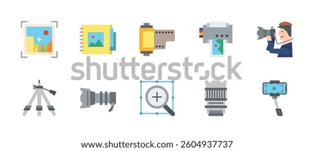 studio photography camera icons. flat color style icon set