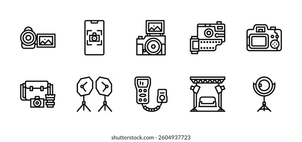 studio photography camera icons. outline minimal style icon set
