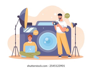 Studio photography concept. Men with huge camera and soft boxes. Photography and video. Paparazzi in photo studio and workshop. Flat vector illustration isolated on white background