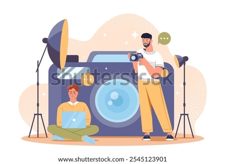 Studio photography concept. Men with huge camera and soft boxes. Photography and video. Paparazzi in photo studio and workshop. Flat vector illustration isolated on white background