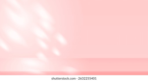 Studio pink wall background. Light neutral product room. Minimal pastel table scene. Empty desk stage for beauty cosmetic presentation. Vector illustration. Banner template with platform.