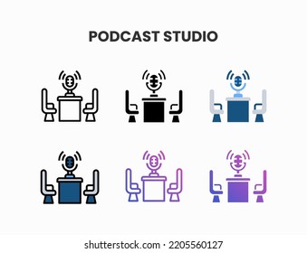 Studio Podcast icon set with line, outline, glyph, filled line, flat color, line gradient and flat gradient. Can be used for digital product, presentation, print design and more.