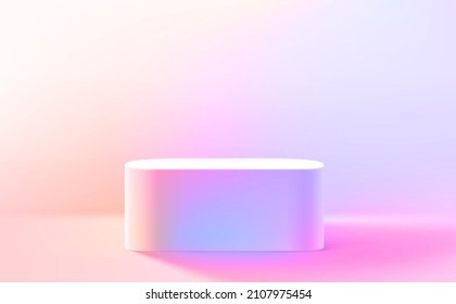 Studio with podium and colorful neon lights. Vector 3d illustration
