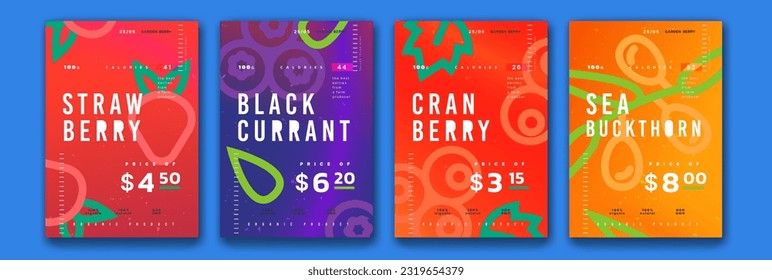 Studio poster. Geometry fruit cards. Abstract strawberry, cranberry and blackcurrant food patterns, creative flyer. Tropical discount offer, sale vertical banner. Vector exact background